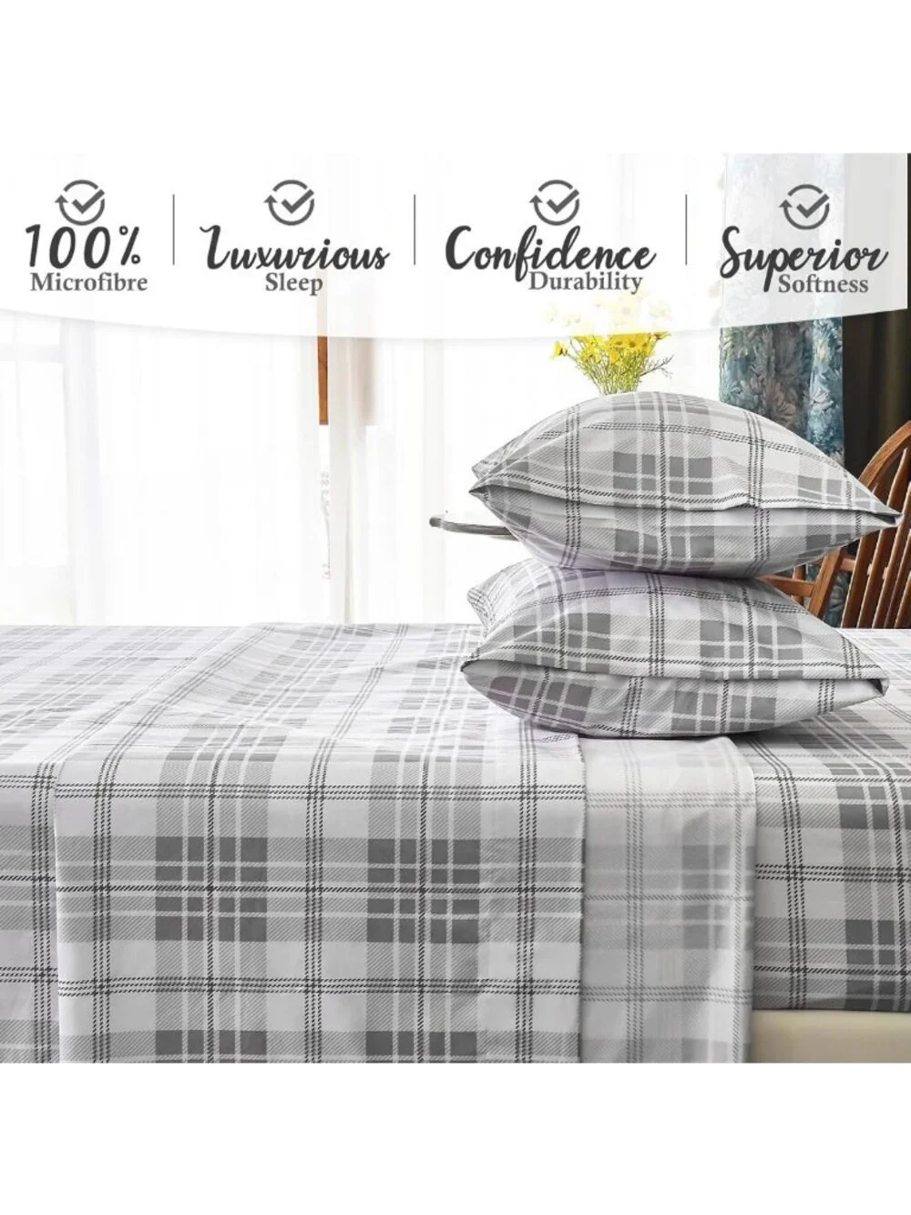 Cozy Plaid Queen Sheet Set, 4-Piece Ultra Soft Cooling Bedding, 16
